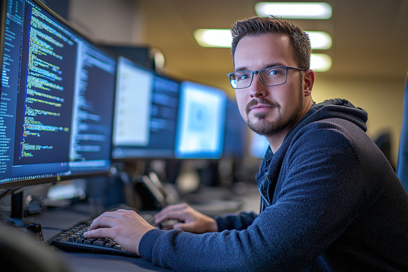 Engineer monitoring secure DevOps pipelines.